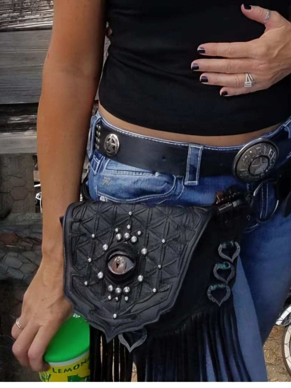 Black Fringe Leather Hip Belt with Decorative Rings - Picture 7 of 7